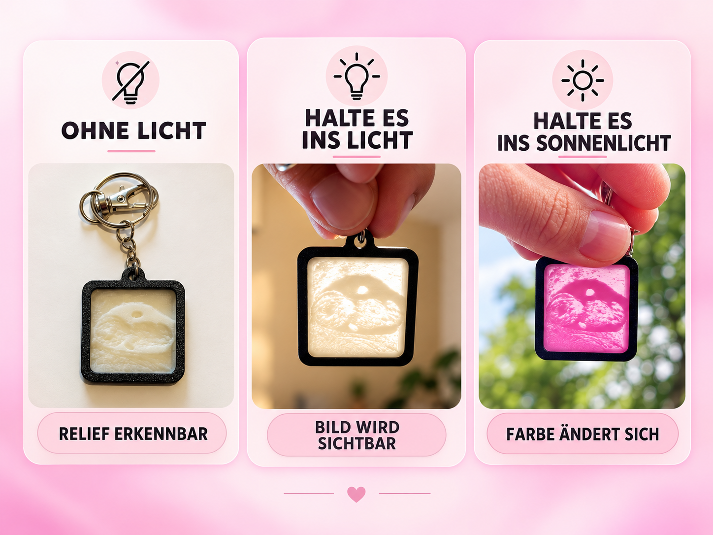 Gender-Reveal-Anhänger ohne Licht, im Licht und im Sonnenlicht
