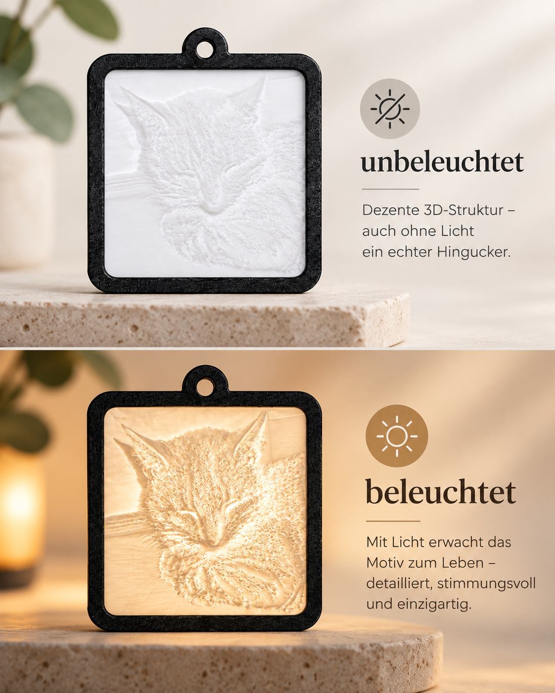 Lithophan-Anhänger beleuchtet und unbeleuchtet im Vergleich