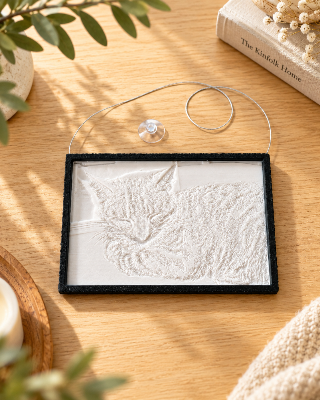 Unbeleuchtetes Lithophan mit Katzenmotiv