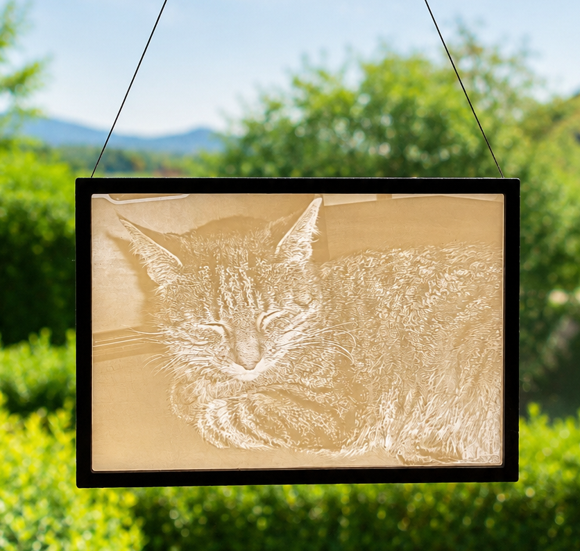 Beleuchtetes Lithophan mit Katzenmotiv