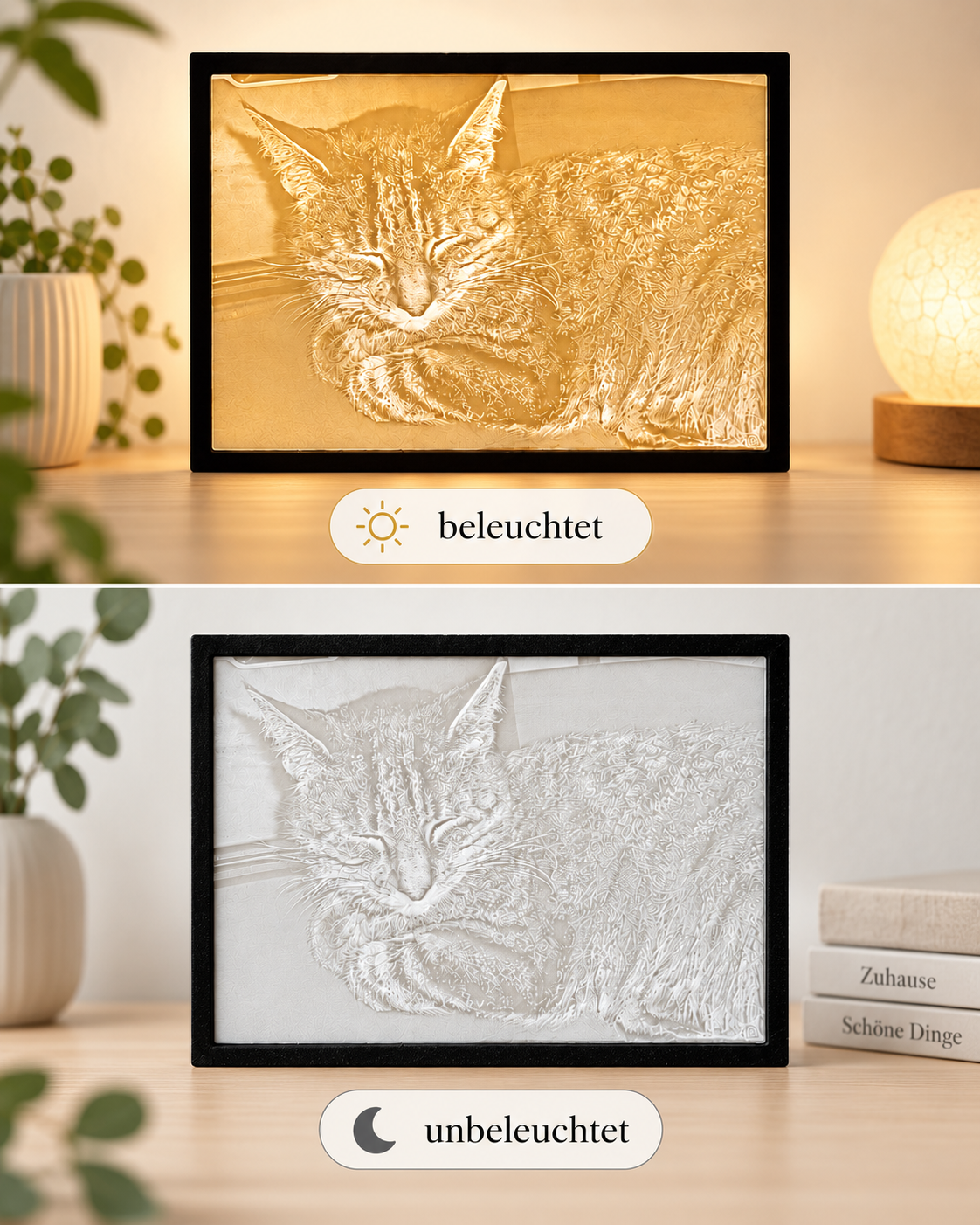 Lithophan beleuchtet und unbeleuchtet im Vergleich
